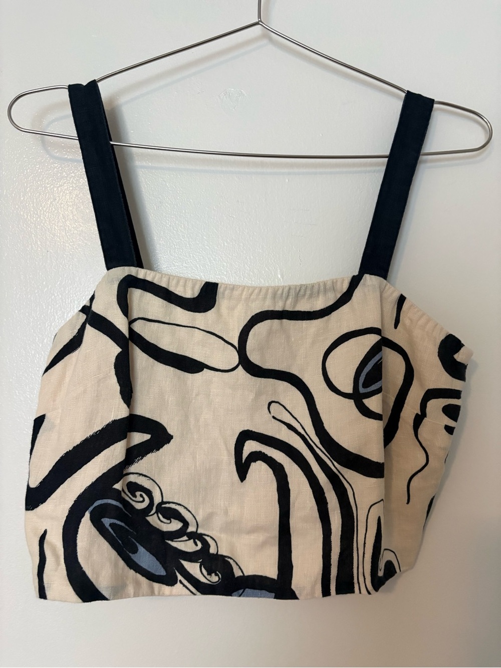 Abstract Navy and Cream linen Cropped Tank Top